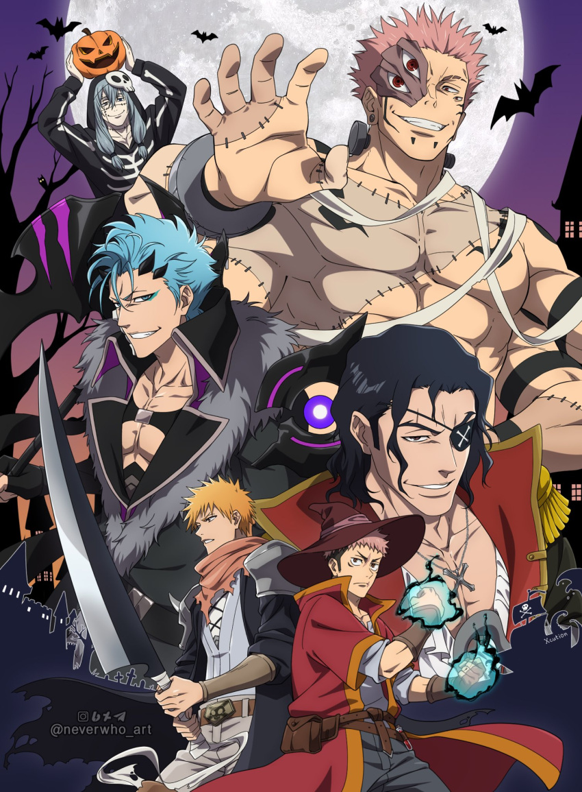 6+boys, armor, artist_name, axe, bat_(animal), belt, belt_pouch, black_flash_(jujutsu_kaisen)