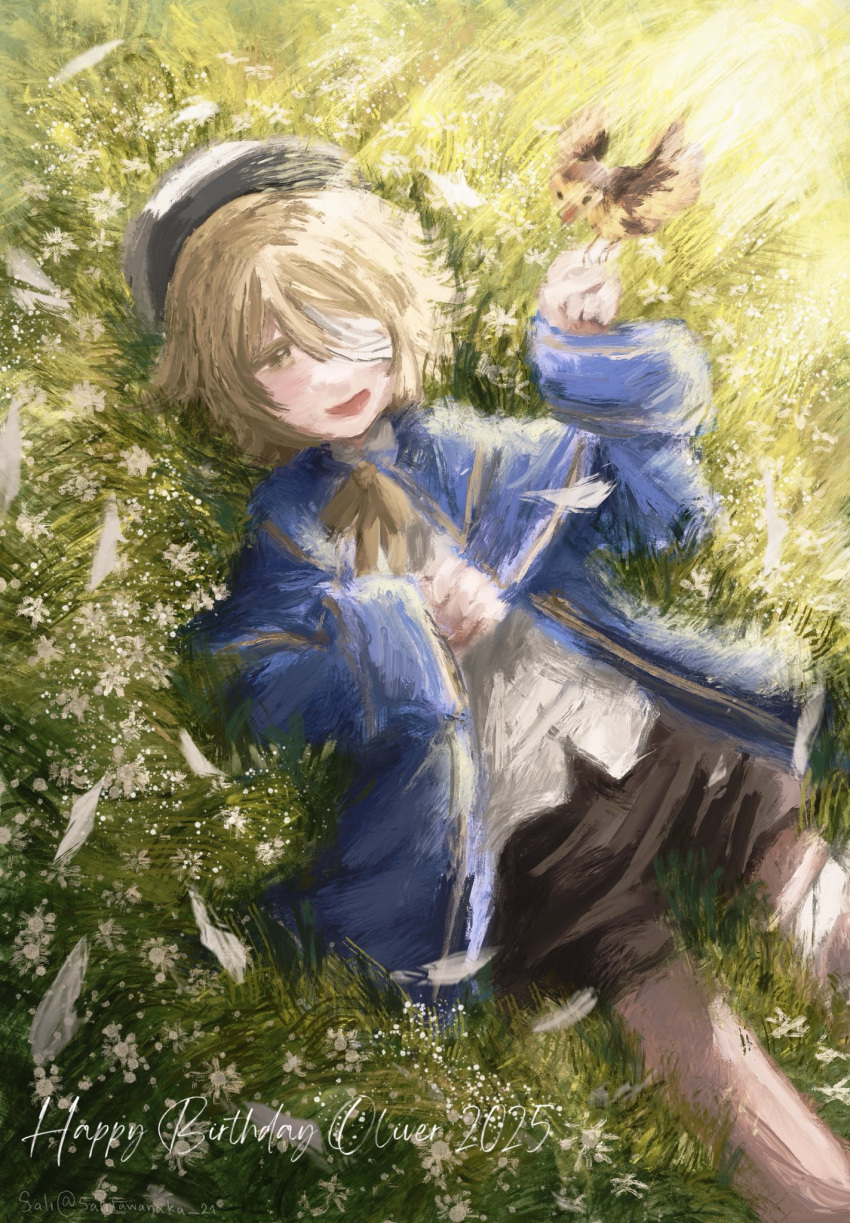 1boy, 2025, :d, bandage_over_one_eye, bird, black_shorts, blonde_hair, blue_coat