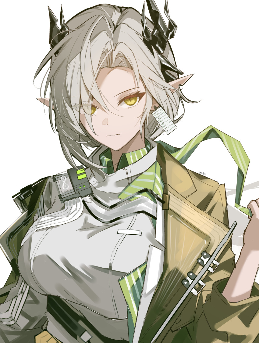 1girl, absurdres, arknights, artist_name, breasts, closed_mouth, coat, earrings