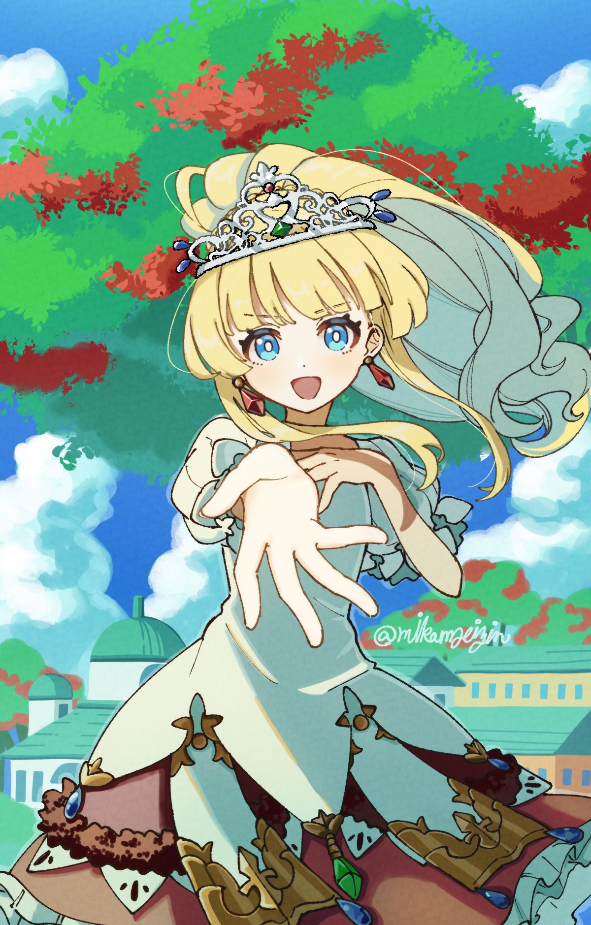 1girl, blonde_hair, blue_eyes, blue_sky, bright_pupils, clouds, commentary_request, crown