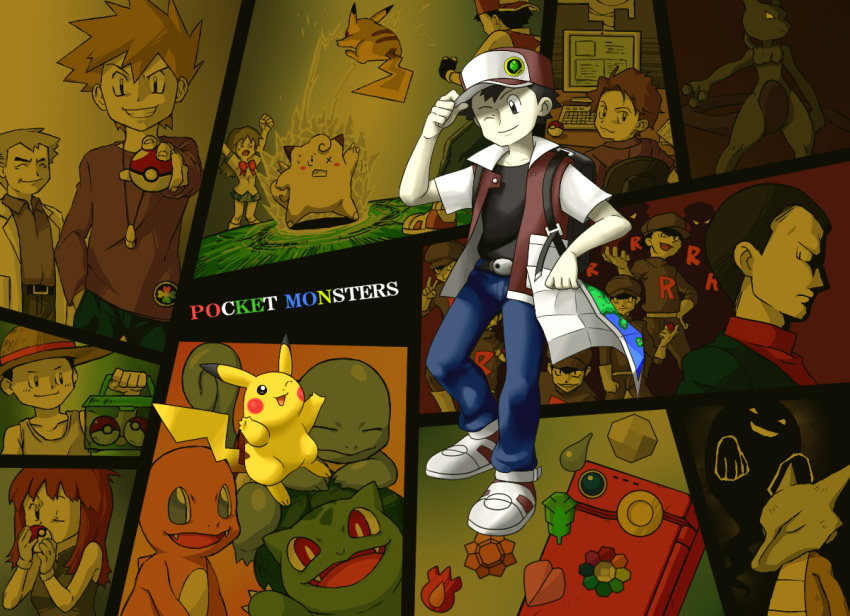 badge, baseball_cap, battle, black_hair, blue_(pokemon), blue_(pokemon)_(classic), bug_catcher, bug_catcher_(pokemon)