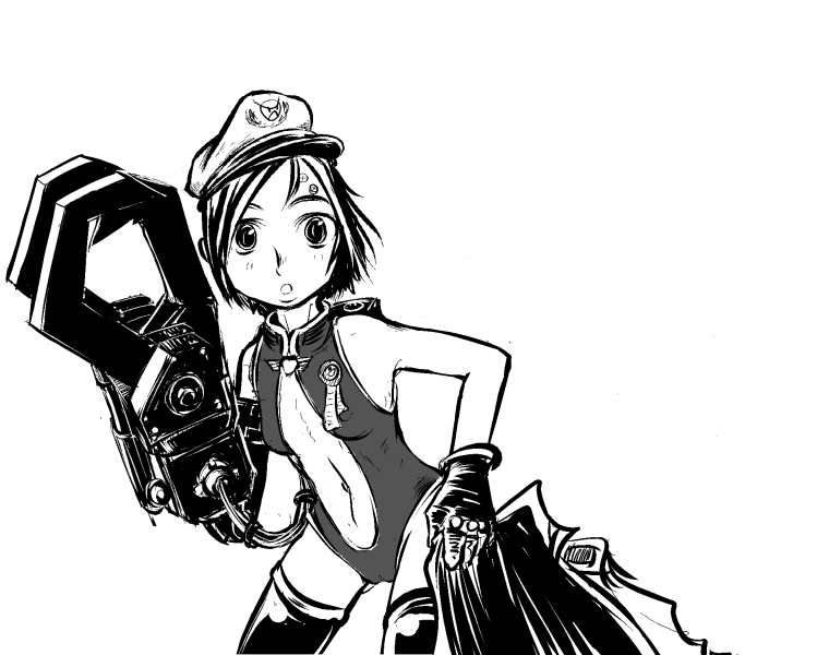 black_legwear, commissar, eccma417, genderswap, gloves, hat, mechanical_arm, monochrome