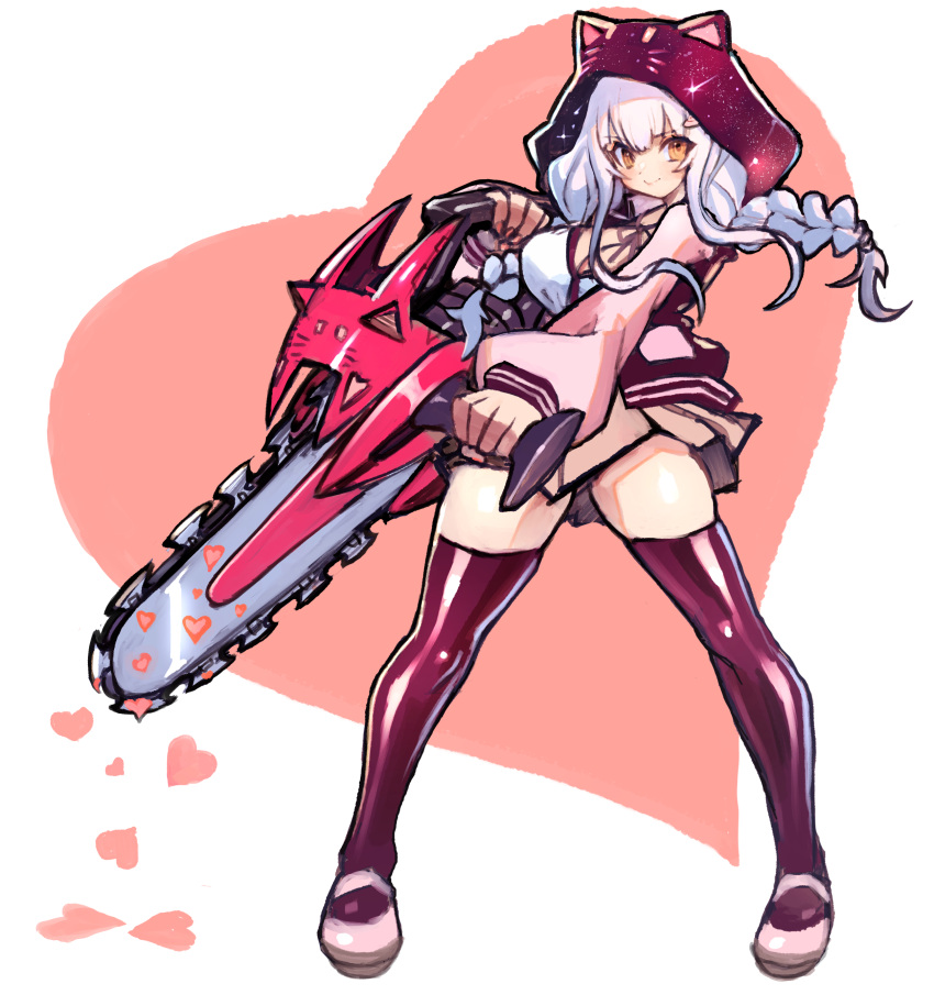 absurdres, animal_hood, binelu01, braid, breasts, cat_hood, chainsaw, commission