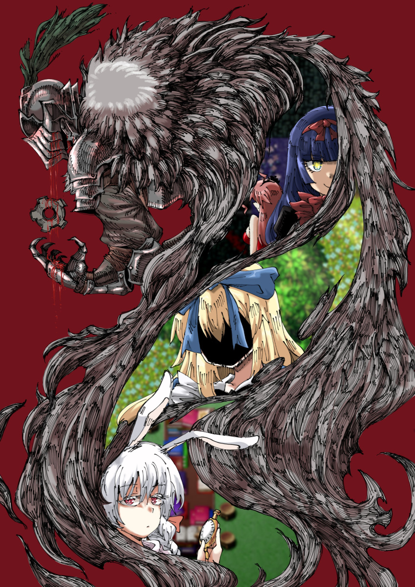 +_+, 1boy, 4girls, absurdres, alice_(black_souls), animal_ears, armor, black_dress