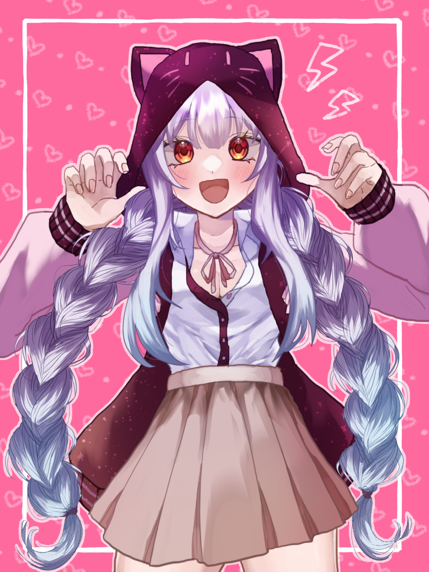 animal_hood, braid, breasts, cat_hood, claw_pose, commission, constellation_print, highres, hood, hoodie, indie_virtual_youtuber, miaguwu, minase_amana, pink_background, pink_ribbon, ribbon, skeb_commission, skirt, smile, twin_braids, white_hair