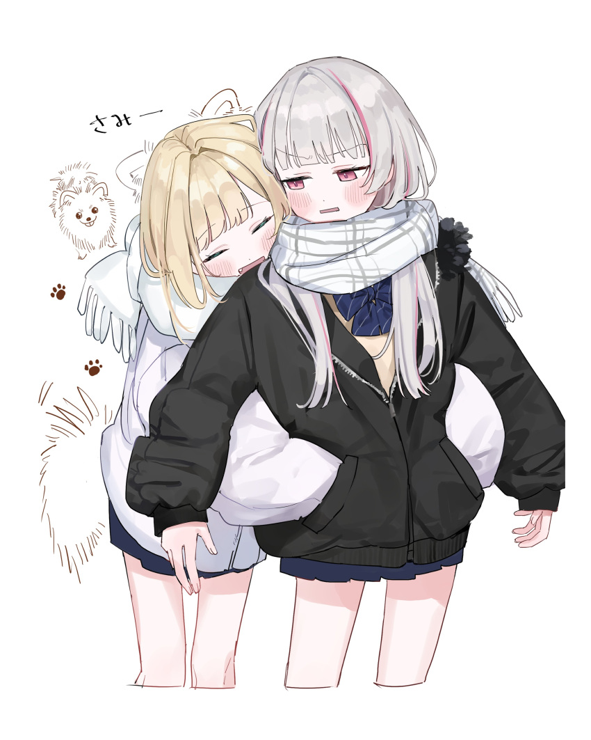 2girls, absurdres, alternate_costume, asumi_sena, black_bow, black_bowtie, black_jacket, blonde_hair