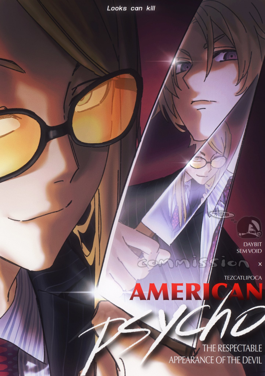 2boys, alternate_costume, american_psycho, black-framed_eyewear, black_jacket, blazer, blonde_hair, blue_eyes