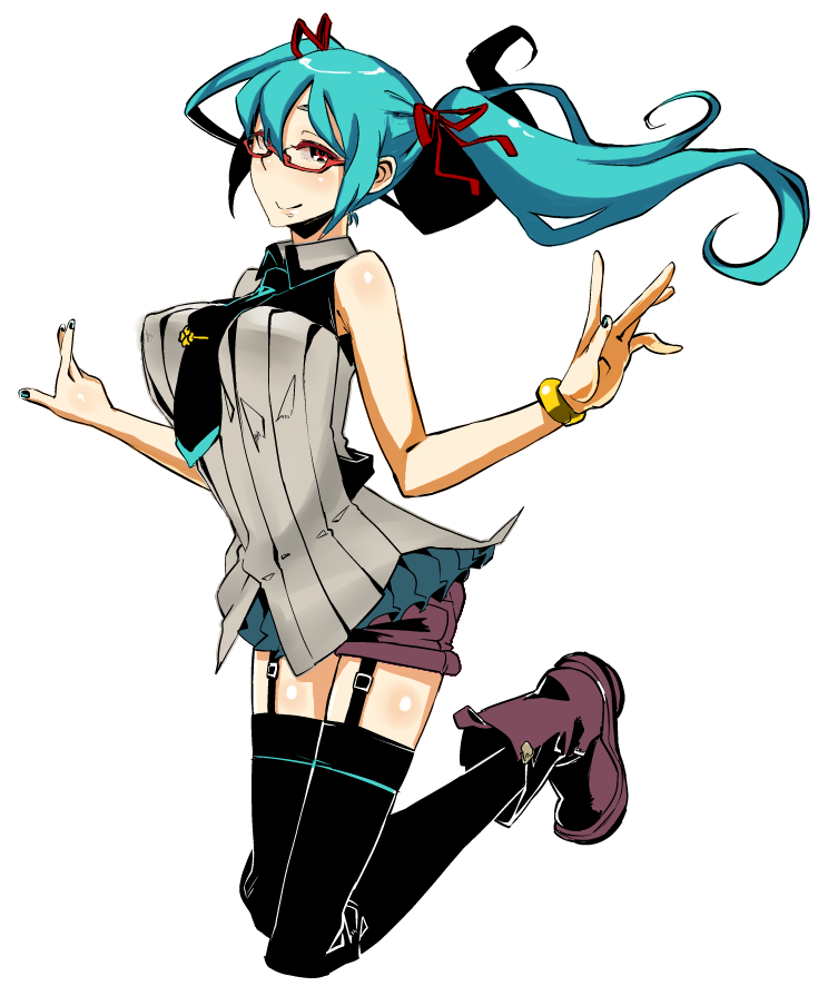 1girl, aqua_hair, bespectacled, boots, bracelet, breasts, garter_straps, glasses