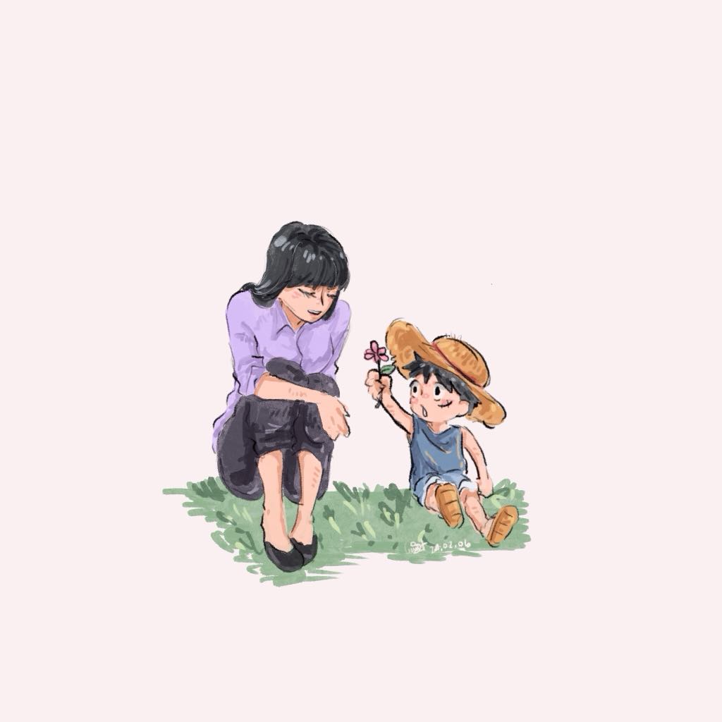 1boy, 1girl, aged_down, black_hair, blunt_bangs, child, closed_mouth, dated, flower, gocha_rin, hat, holding, holding_flower, long_hair, monkey_d._luffy, nico_robin, one_piece, pants, sandals, scar, scar_on_face, short_hair, sitting, smile, straw_hat