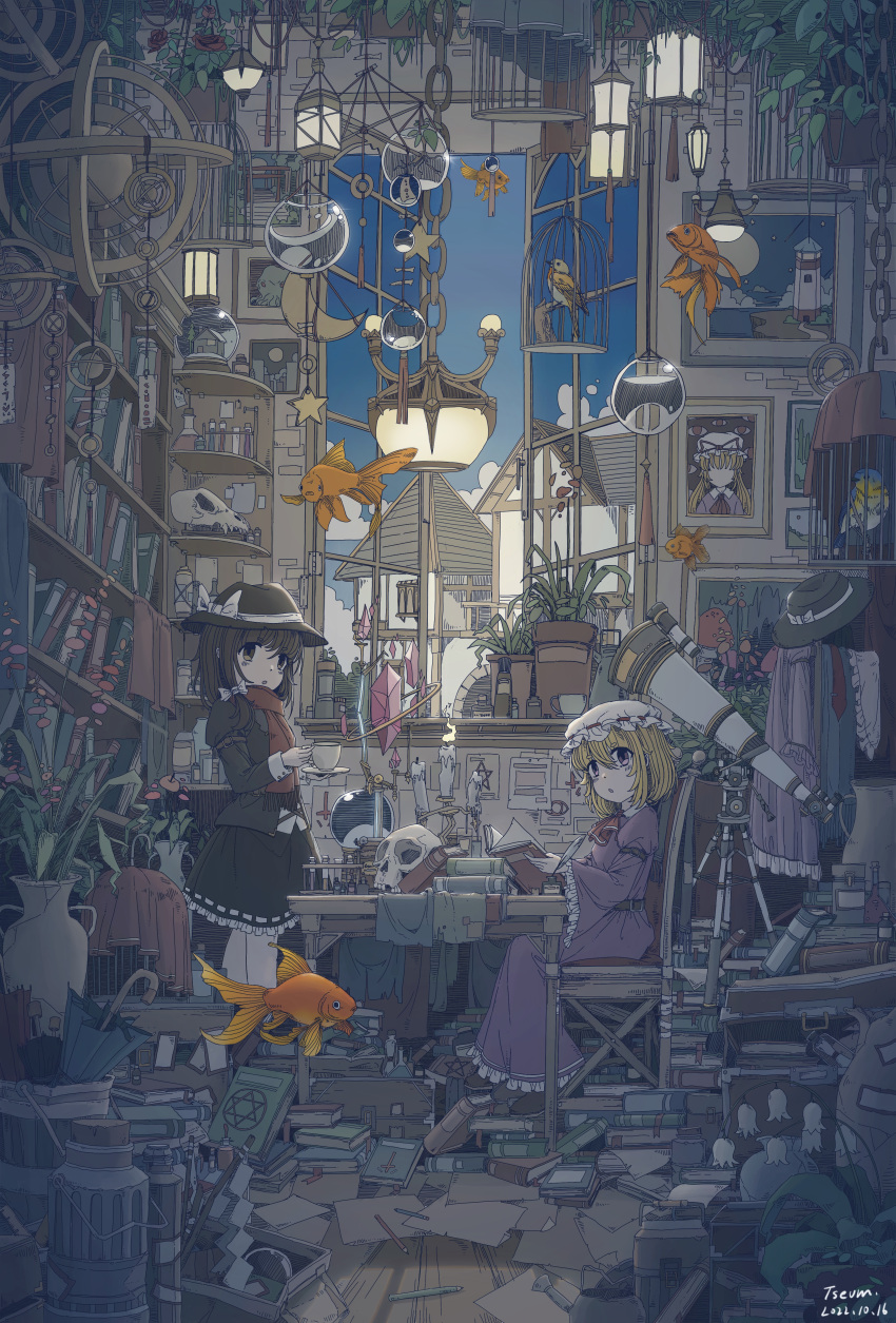 2girls, :o, absurdly_detailed_composition, absurdres, alternate_uniform, artist_name, ascot, bird