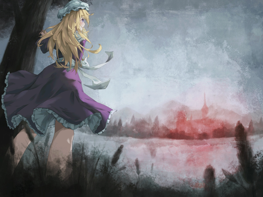 1girl, absurdres, bai_huashu, blonde_hair, bow, changeability_of_strange_dream, dress, fog