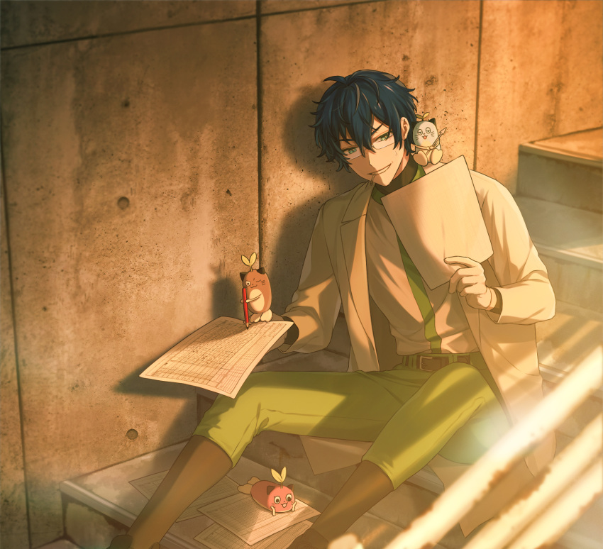 1boy, baseball_jersey, black_socks, blue_hair, coat, concrete_wall, creature, creature_on_shoulder