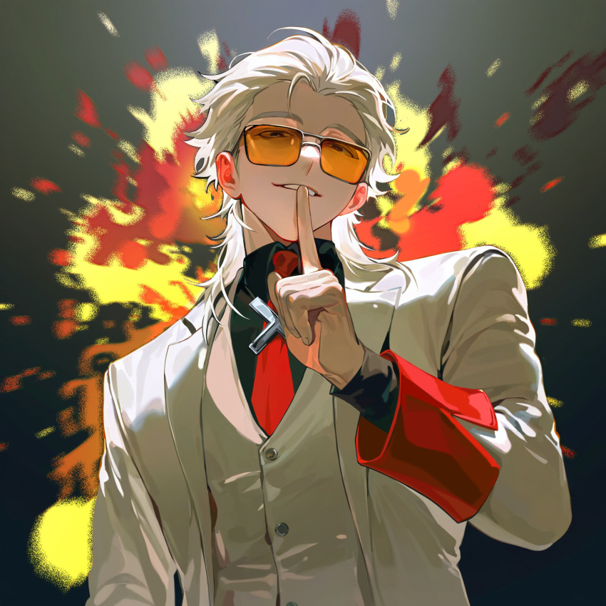 1boy, absurdres, black-framed_eyewear, black_shirt, chinese_commentary, collared_shirt, commentary_request, explosion, explosion_background, finger_to_mouth, grin, hair_slicked_back, highres, index_finger_raised, jacket, lapels, long_sleeves, looking_at_viewer, male_focus, mullet, necktie, notched_lapels, open_clothes, open_jacket, orange-tinted_eyewear, over-rim_eyewear, red_necktie, semi-rimless_eyewear, shirt, short_hair, shushing, smile, solo, stonyjituibot, sunglasses, tinted_eyewear, to_be_hero_x, upper_body, vest, white_hair, white_jacket, white_vest, wing_collar, x_(to_be_hero_x), x_ornament