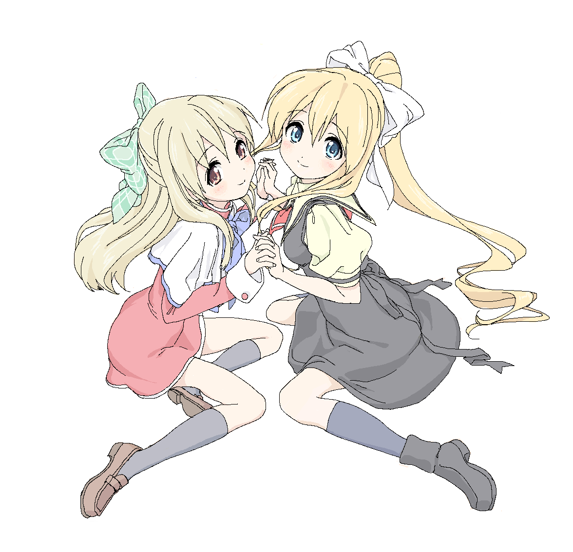 blonde_hair, blue_eyes, bow, brown_eyes, company_connection, crossover, face, hair_bow