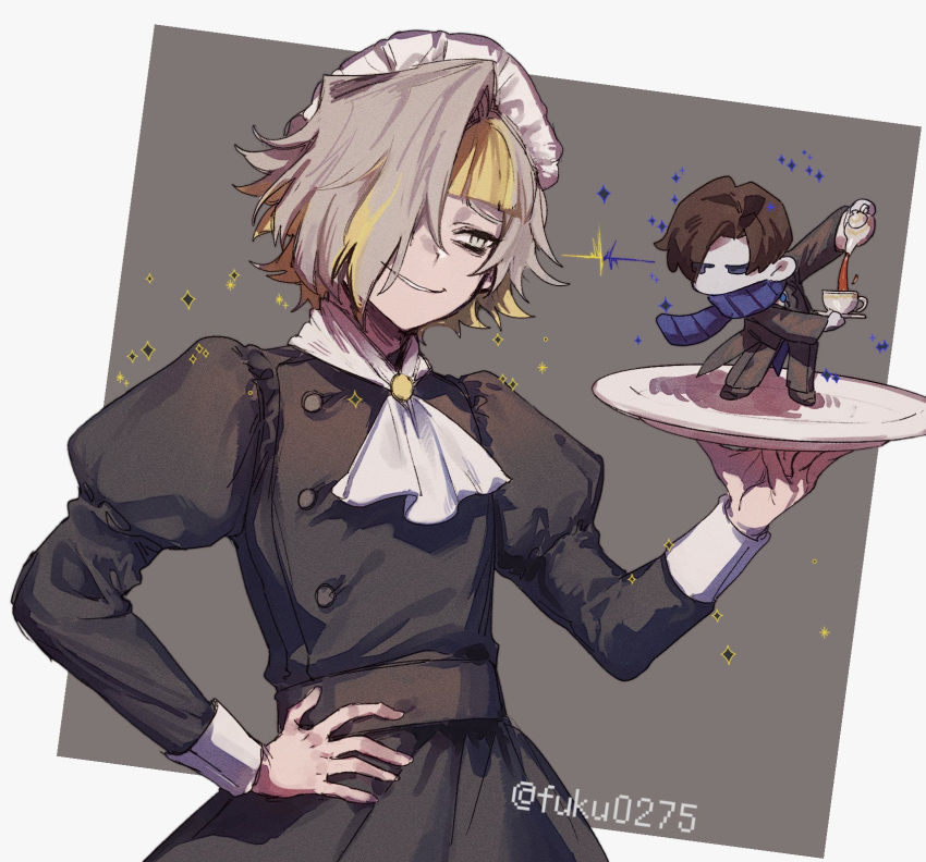 1boy, 1girl, artist_name, ascot, bags_under_eyes, black_dress, black_jacket, black_pants