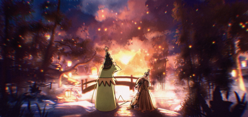 1boy, 1girl, :d, backlighting, bamboo, bamboo_forest, black_socks, blue_eyes