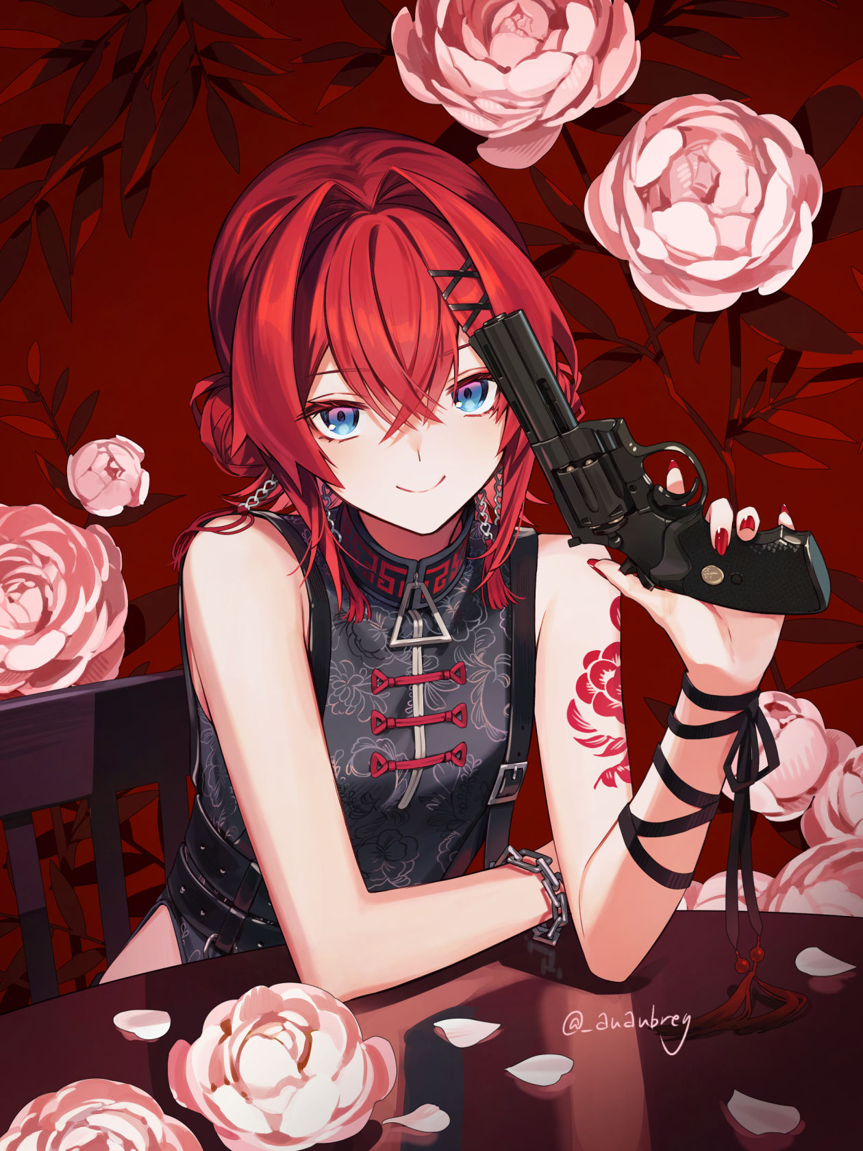 1girl, ange_katrina, ange_katrina_(7th_costume), arm_rest, arm_ribbon, arm_tattoo, aubrey_(kyarairo), bare_shoulders