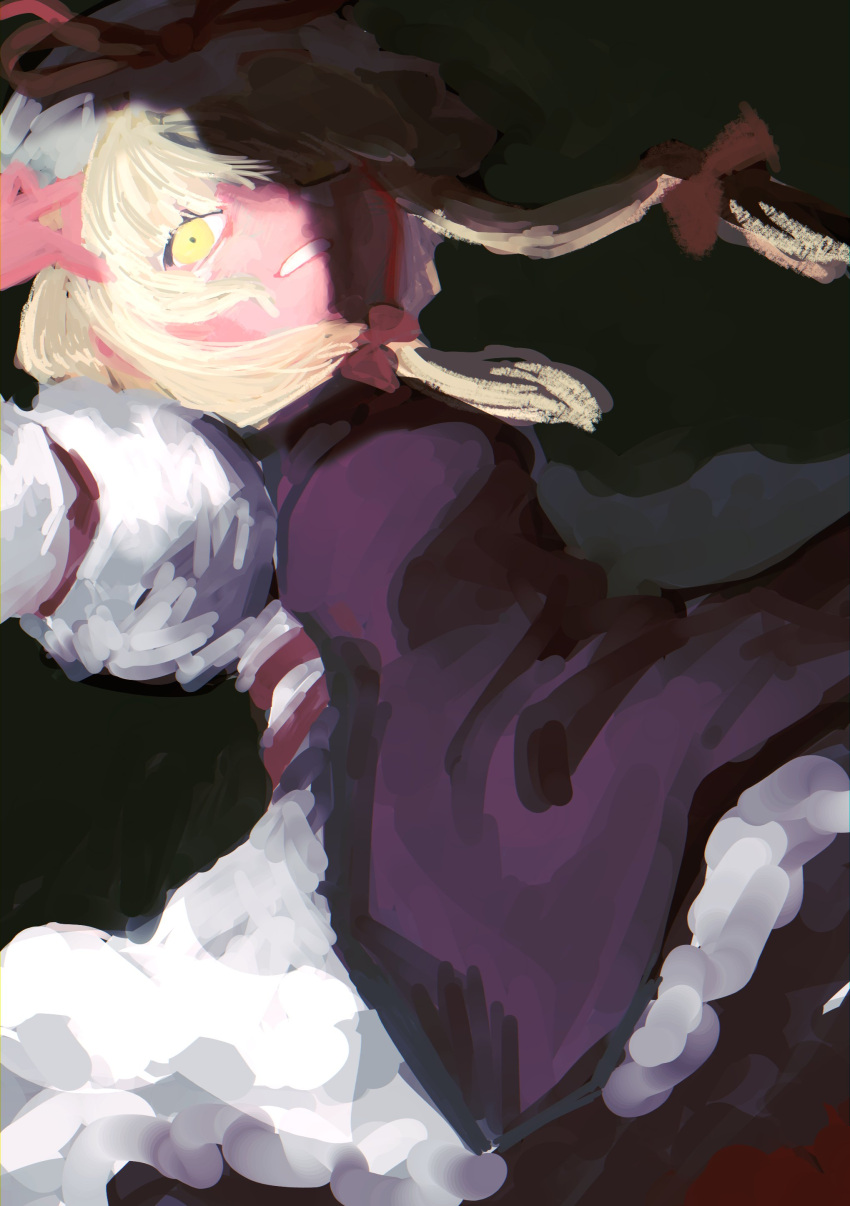 absurdres, black_background, blonde_hair, hat, hat_ribbon, highres, kotudui7, long_hair