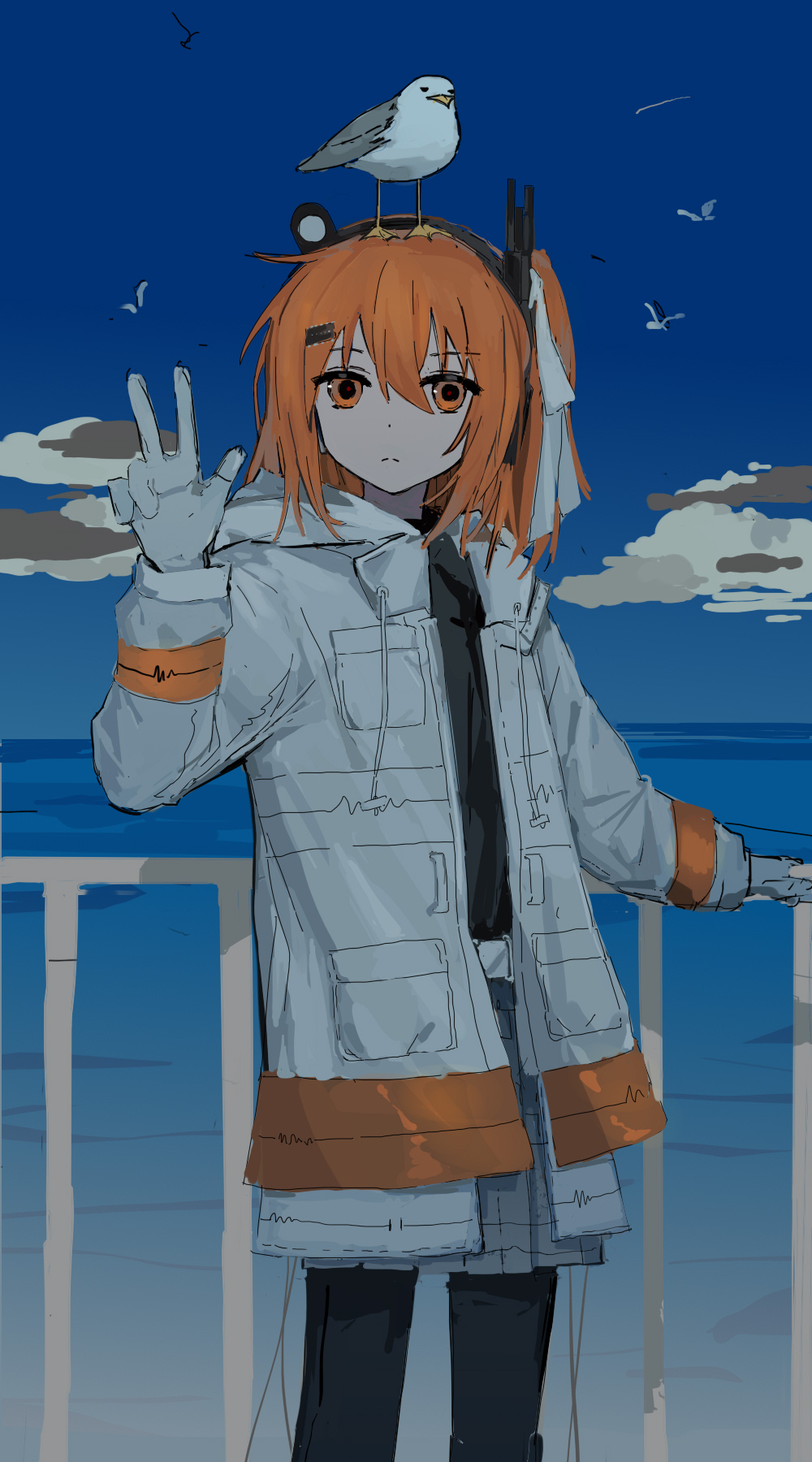 1girl, a.i._voice, adachi_rei, animal_on_head, belt, bird, bird_on_head, closed_mouth