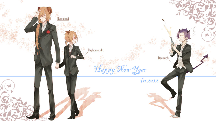 2012, 3boys, baphomet_(ragnarok_online), baphomet_jr, black_jacket, black_pants, black_shoes, blazer