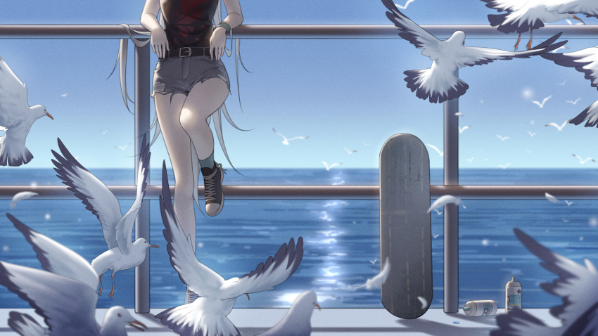 1girl, against_railing, arm_rest, belt, belt_buckle, bird, black_belt, black_shoes