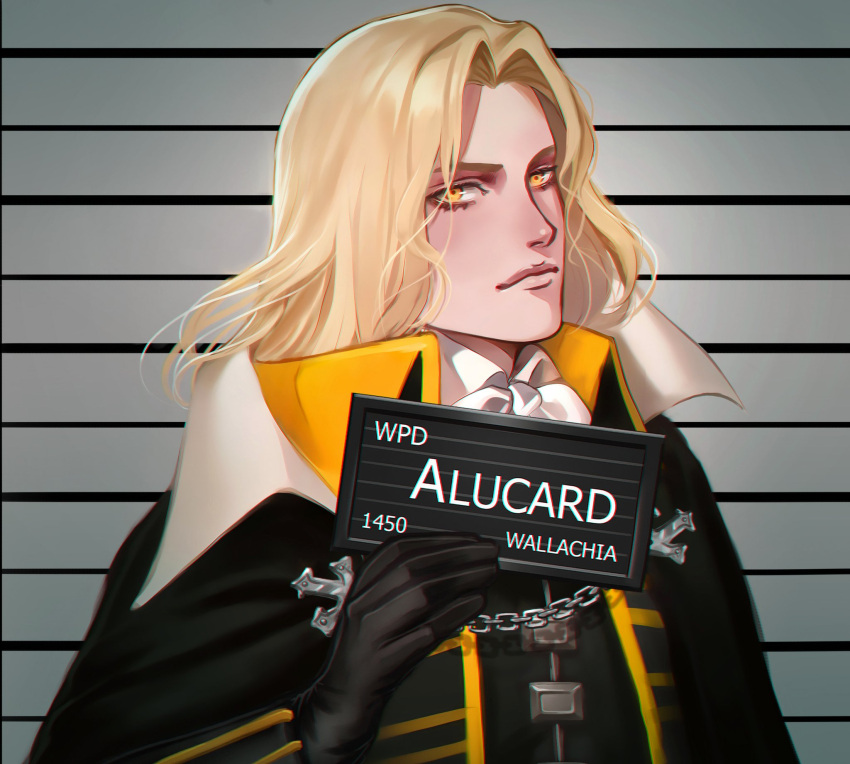 1boy, almond_aulait, alucard_(castlevania), barbie_mugshot_(meme), black_cloak, black_gloves, black_jacket, blonde_hair, castlevania:_symphony_of_the_night, castlevania_(series), character_name, cloak, closed_mouth, collared_shirt, derivative_work, gloves, highres, jacket, long_hair, looking_at_viewer, male_focus, meme, mugshot, neck_ribbon, parted_bangs, ribbon, shirt, solo, upper_body, white_ribbon, white_shirt, yellow_eyes
