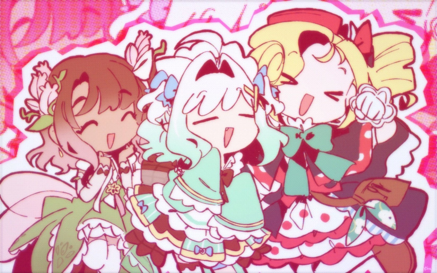 3girls, ahoge, aqua_dress, aqua_hair, blonde_hair, brown_hair, closed_eyes, dark-skinned_female