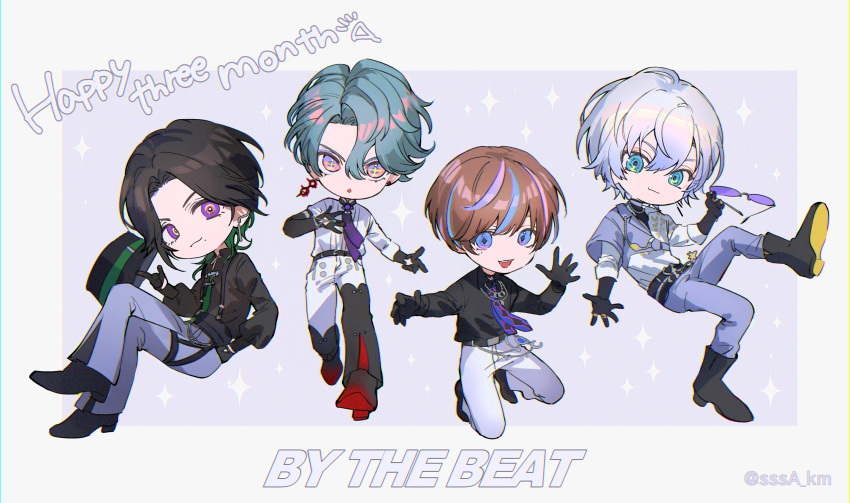4boys, :o, aqua_hair, belt, black_belt, black_boots, black_eyes, black_gloves