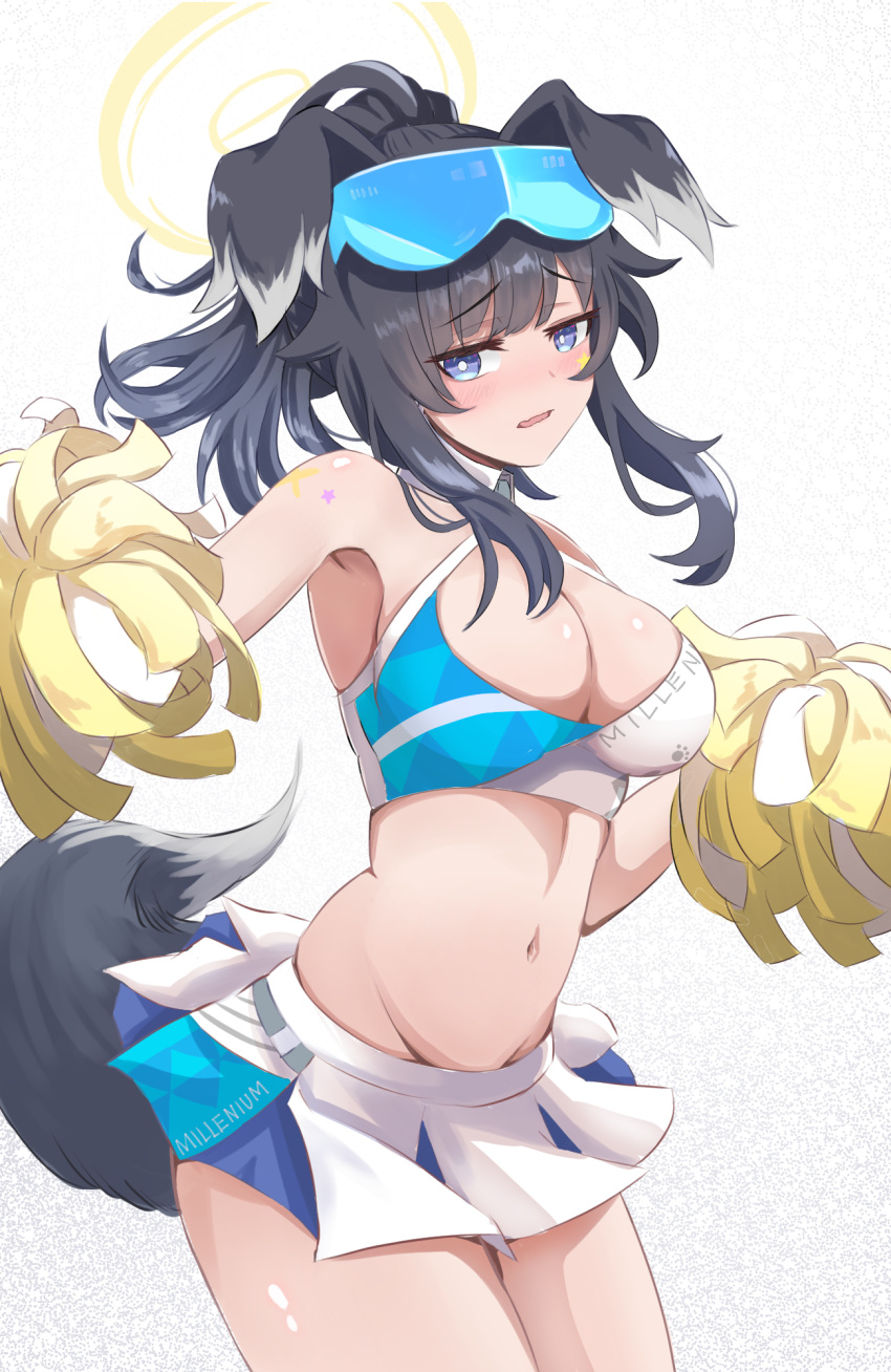1girl, animal_ears, armpits, black_hair, blue_archive, blue_eyes, blush, breasts, cheerleader, dog_ears, dog_girl, dog_tail, goggles, goggles_on_head, halo, hibiki_(blue_archive), hibiki_(cheer_squad)_(blue_archive), highres, holding, holding_pom_poms, kazam_fm, long_hair, looking_at_viewer, millennium_cheerleader_outfit_(blue_archive), navel, official_alternate_costume, open_mouth, pom_pom_(cheerleading), simple_background, skirt, solo, star_(symbol), star_sticker, sticker, sticker_on_arm, sticker_on_face, tail, white_background, yellow_halo