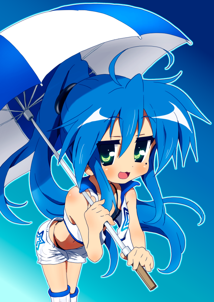 blue_hair, green_eyes, izumi_konata, long_hair, lucky_star, mole, official_style, perspective, ponytail, race_queen, racequeen, shorts, solo, tyke, umbrella, vest