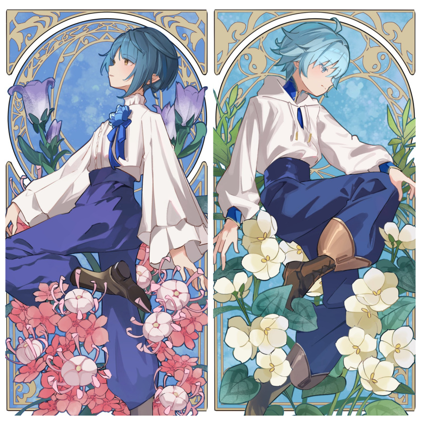 2boys, absurdres, ahoge, aqua_eyes, aqua_hair, arm_at_side, arms_at_sides, art_nouveau