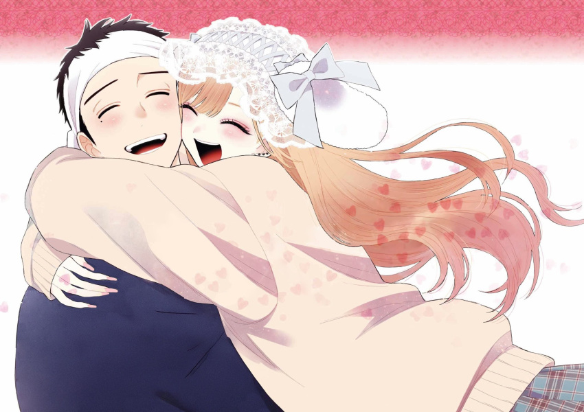 1boy, 1girl, black_hair, blonde_hair, blue_kimono, blue_ribbon, blush, closed_eyes