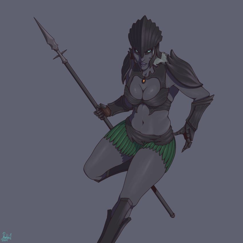 1girl, absurdres, armor, armored_boots, bad_link, black_armor, black_sclera, blue_eyes