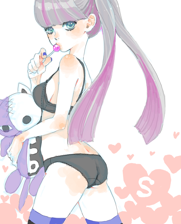 black_panties, bra, breasts, candy, drawr, green_eyes, heart, honekoneko