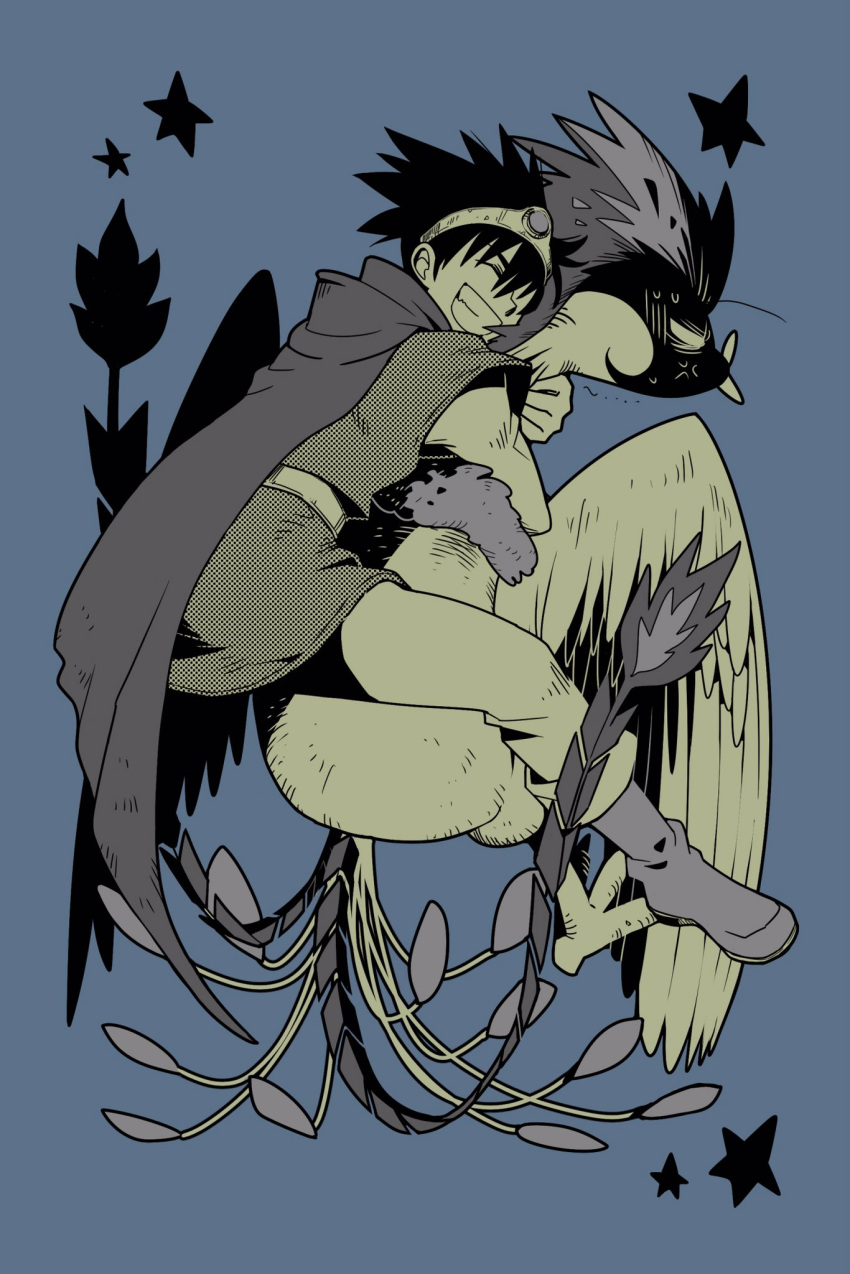anger_vein, arms_around_neck, bird, black_hair, blue_background, boots, circlet, cloak