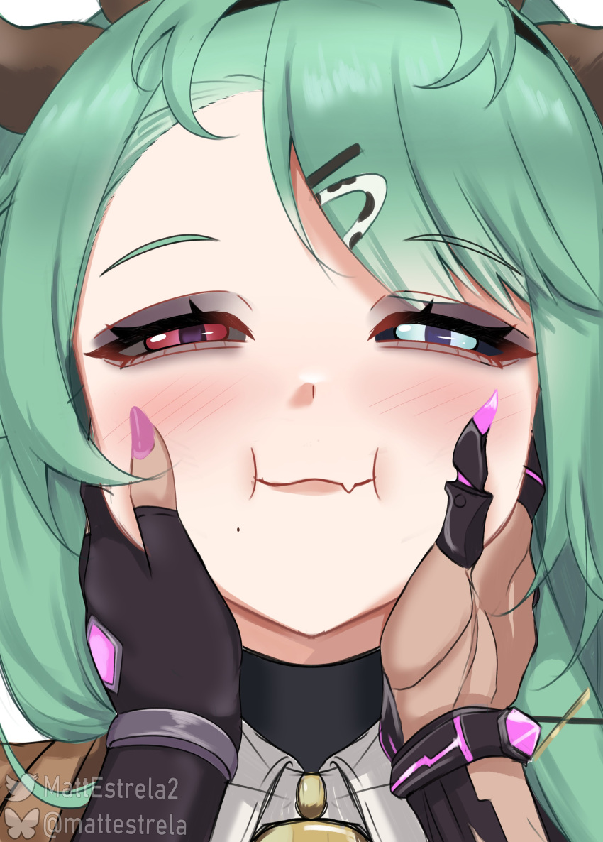2girls, absurdres, blue_eyes, blush, colored_sclera, cow_girl, cow_horns, crelly