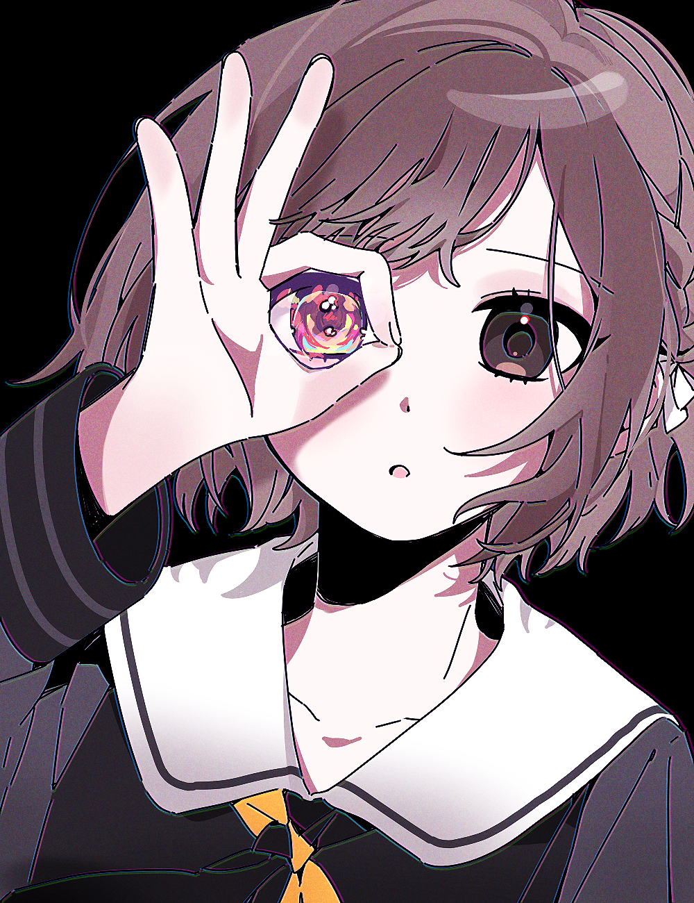 1girl, 89_(8989_99), black_background, black_neckerchief, black_shirt, braid, brown_eyes, brown_hair