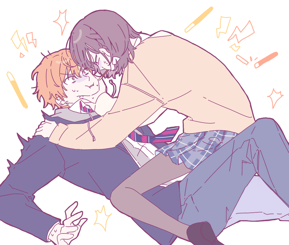 1boy, 1girl, 89_(8989_99), blazer, blue_skirt, braid, brown_cardigan, brown_hair