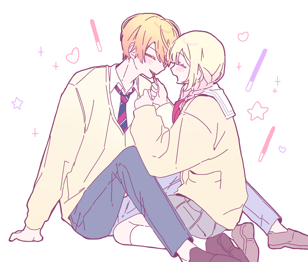 1boy, 1girl, 89_(8989_99), blonde_hair, blush, braid, brown_shoes, cardigan