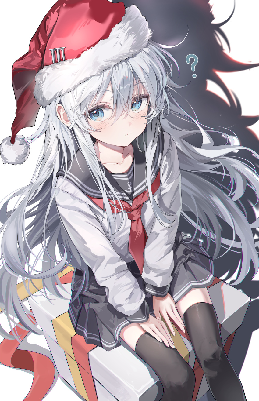 1girl, absurdres, black_sailor_collar, black_skirt, black_thighhighs, blue_eyes, christmas, commentary, hair_between_eyes, hat, hibiki_(kancolle), highres, kantai_collection, long_hair, long_sleeves, mojo_(mojoawa), pleated_skirt, sailor_collar, santa_hat, school_uniform, serafuku, skirt, solo, symbol-only_commentary, thigh-highs