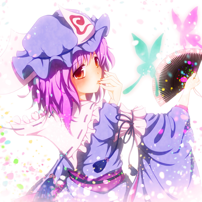 butterfly, fan, hat, highres, japanese_clothes, looking_back, nail_polish, neo1031