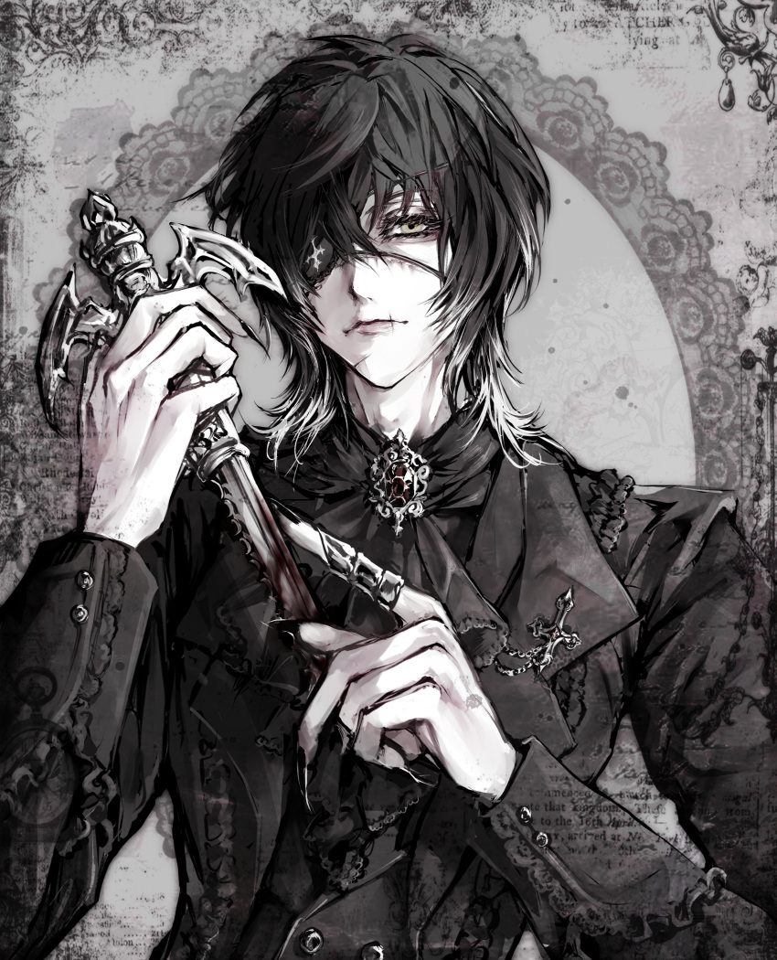 1boy, absurdres, black_hair, black_jacket, black_nails, blood, blood_on_weapon, brooch