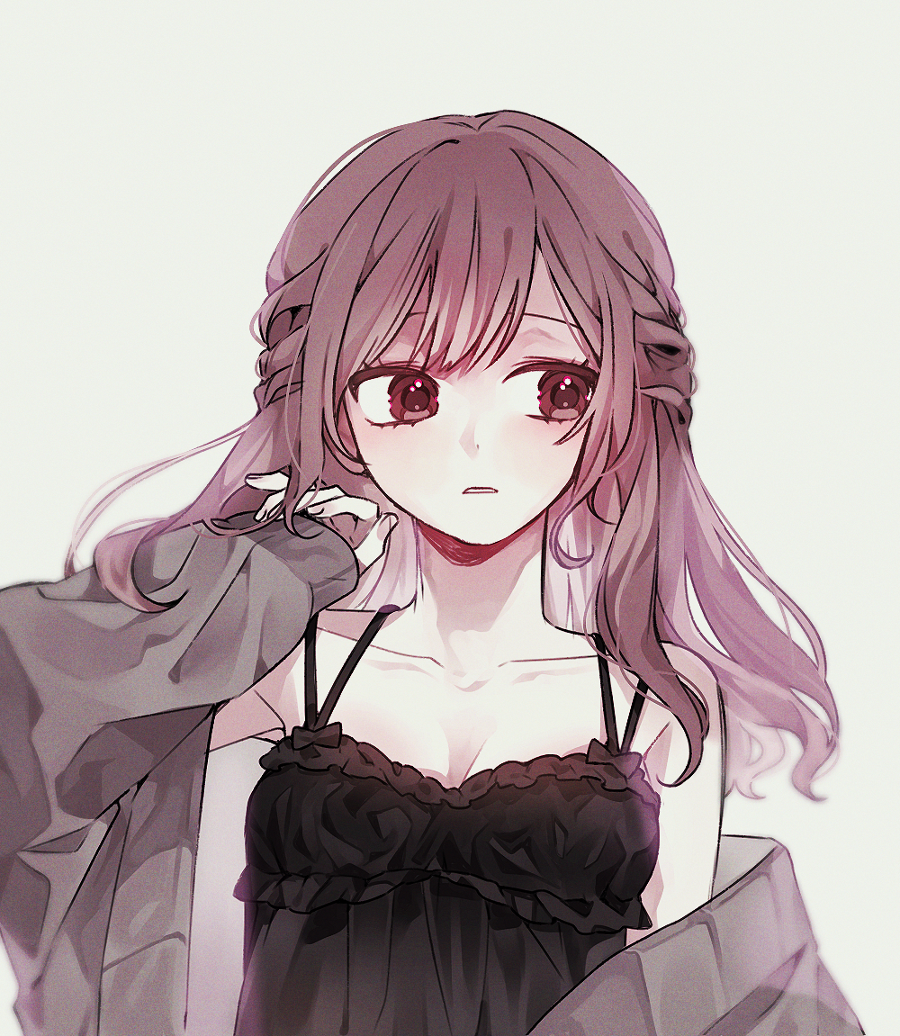 1girl, 89_(8989_99), black_dress, brown_hair, character_request, check_character, collarbone, dress
