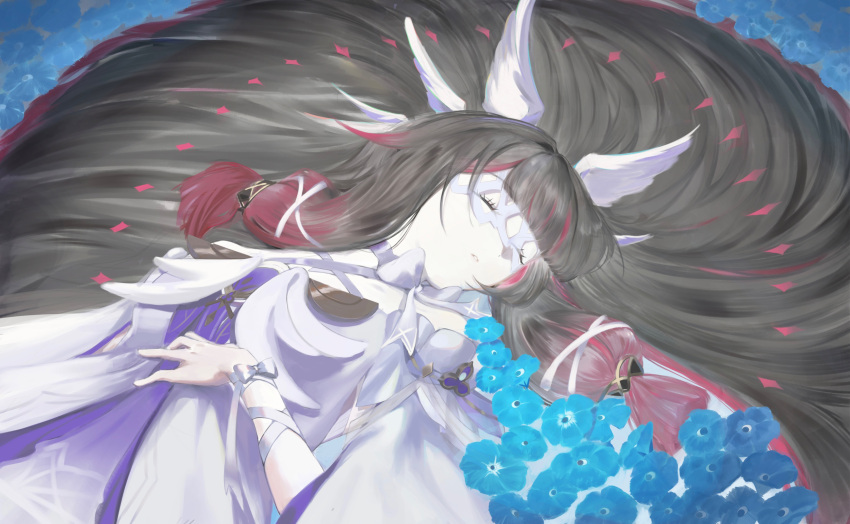 1girl, absurdres, bare_shoulders, blue_flower, brown_hair, closed_eyes, closed_mouth, columbina_(genshin_impact)