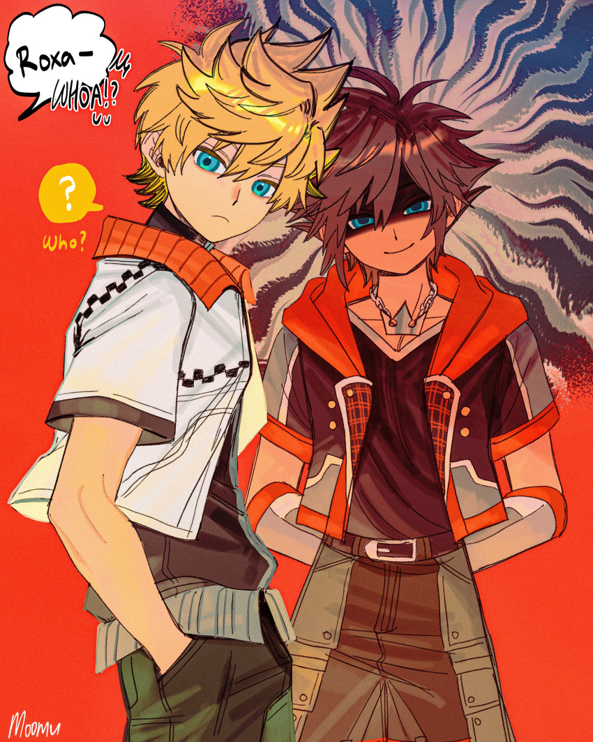 2boys, ?, absurdres, arms_behind_back, artist_name, black_pants, black_shirt, blonde_hair