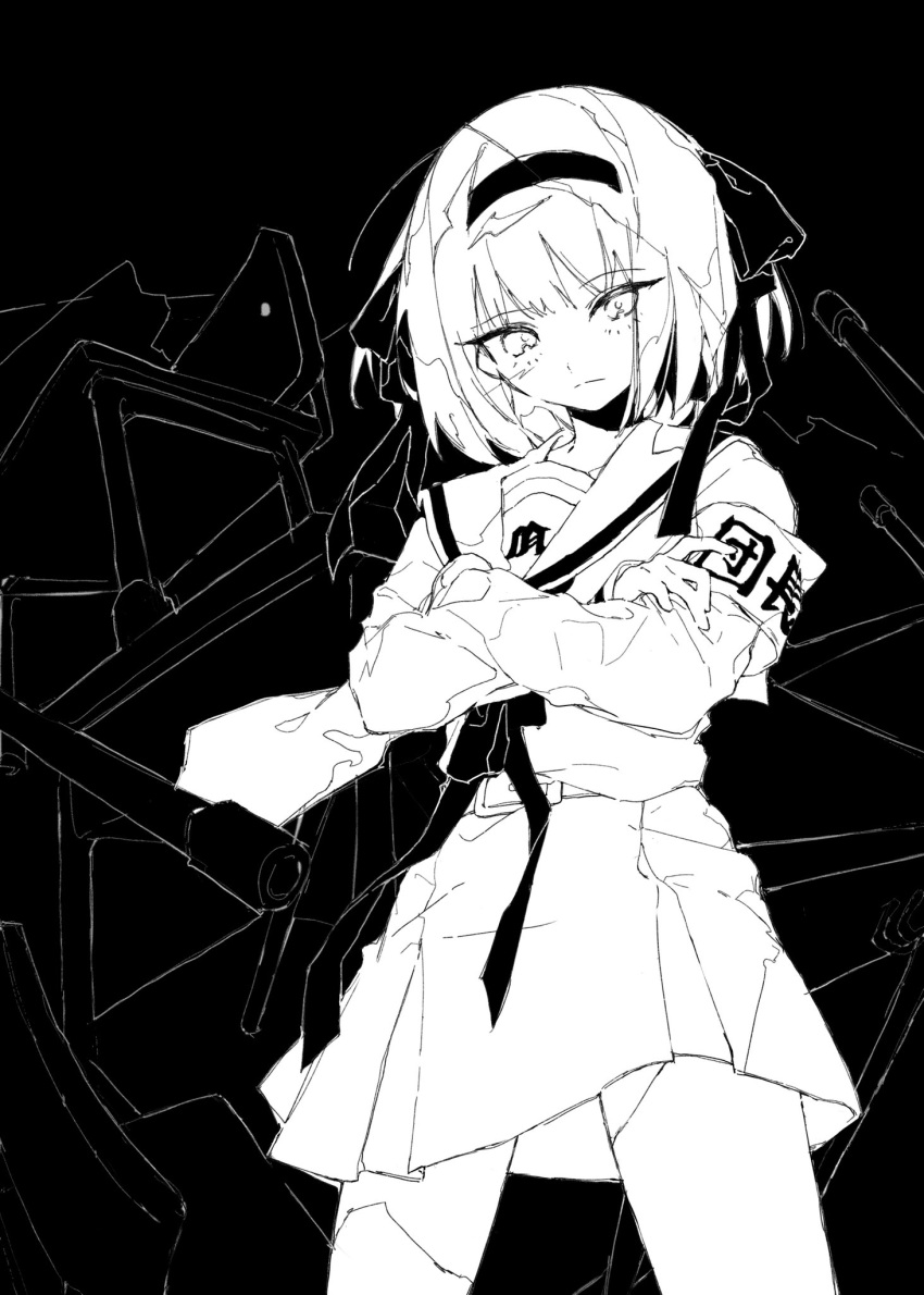 1girl, armband, belt, black_background, chair, crossed_arms, greyscale, hair_ribbon, hairband, highres, jixing, kita_high_school_uniform, limited_palette, long_sleeves, looking_down, medium_hair, monochrome, multiple_hair_ribbons, pile_of_chairs, pleated_skirt, ribbon, sailor_collar, school_chair, school_uniform, serafuku, simple_background, skirt, solo, suzumiya_haruhi, suzumiya_haruhi_no_yuuutsu