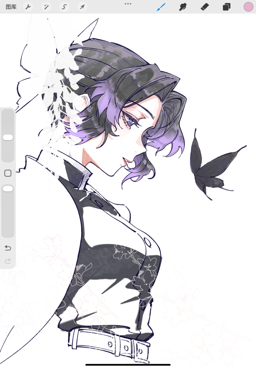 1girl, art_program_in_frame, belt, black_butterfly, black_hair, breasts, bug, butterfly
