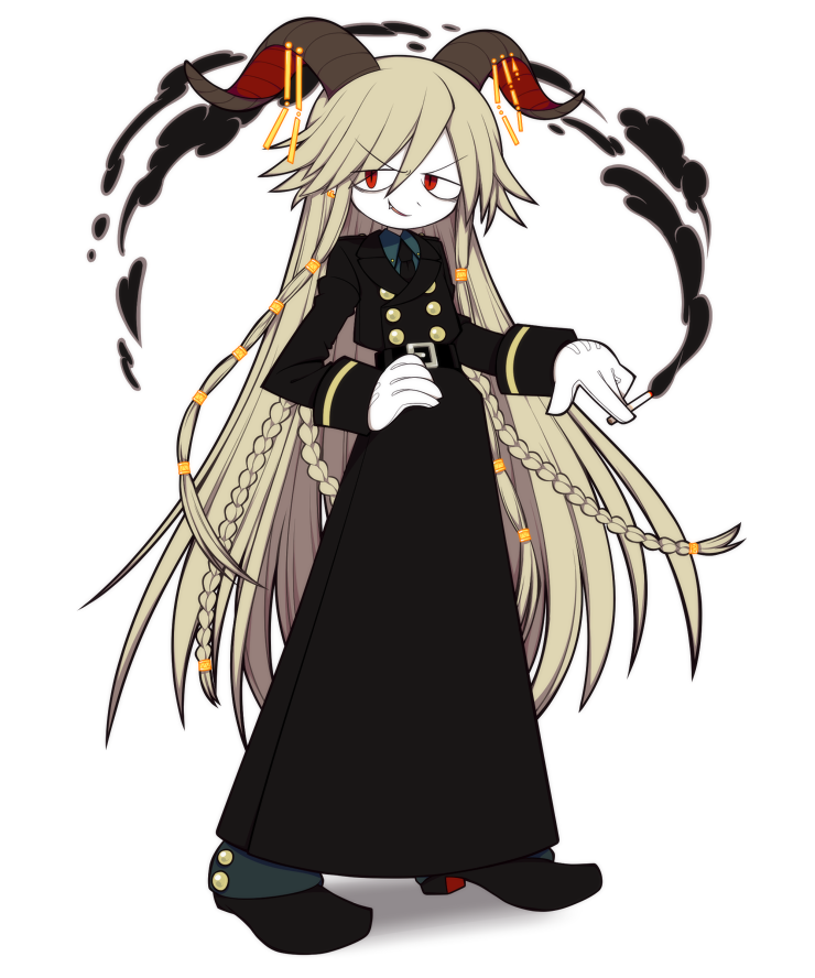 1boy, blonde_hair, braid, buttons, cigarette, coat, curled_horns, demon_boy