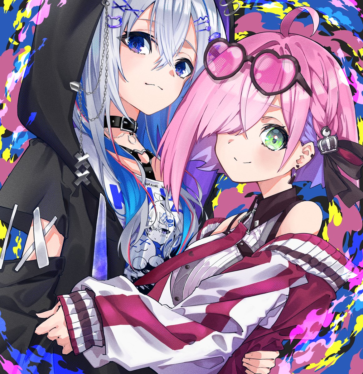 2girls, amane_kanata, amane_kanata_(cutesy_punk), black_choker, blue_hair, choker, closed_mouth, earrings
