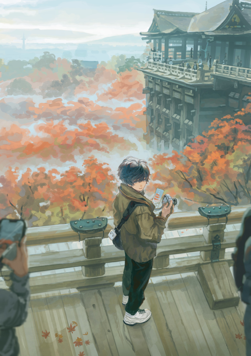 1boy, absurdres, architecture, autumn, autumn_leaves, bag, black_hair, black_pants